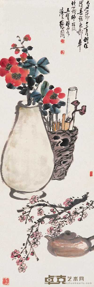 王个簃 己丑（1949）年作 花卉 立轴 106.5×35.5cm